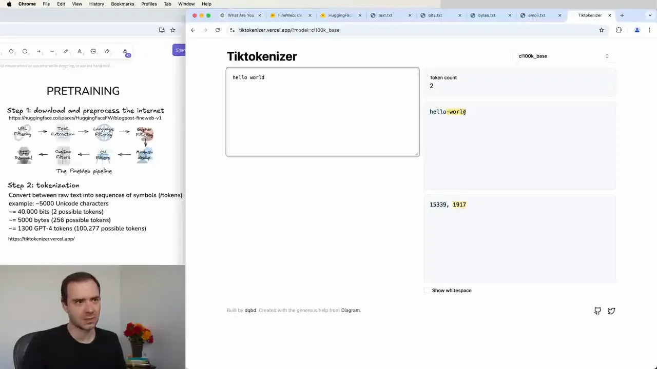Karpathy demonstrates that “hello world” becomes two token IDs in Tiktokenizer