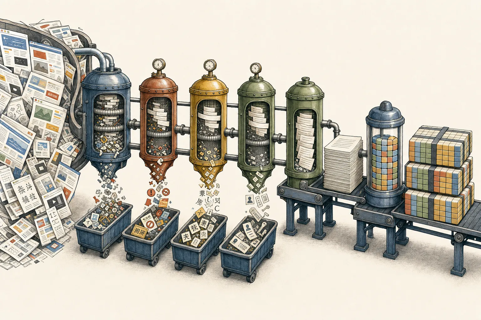 An illustrated refinery turns messy web pages into cleaned documents, subword tiles, and packed training batches