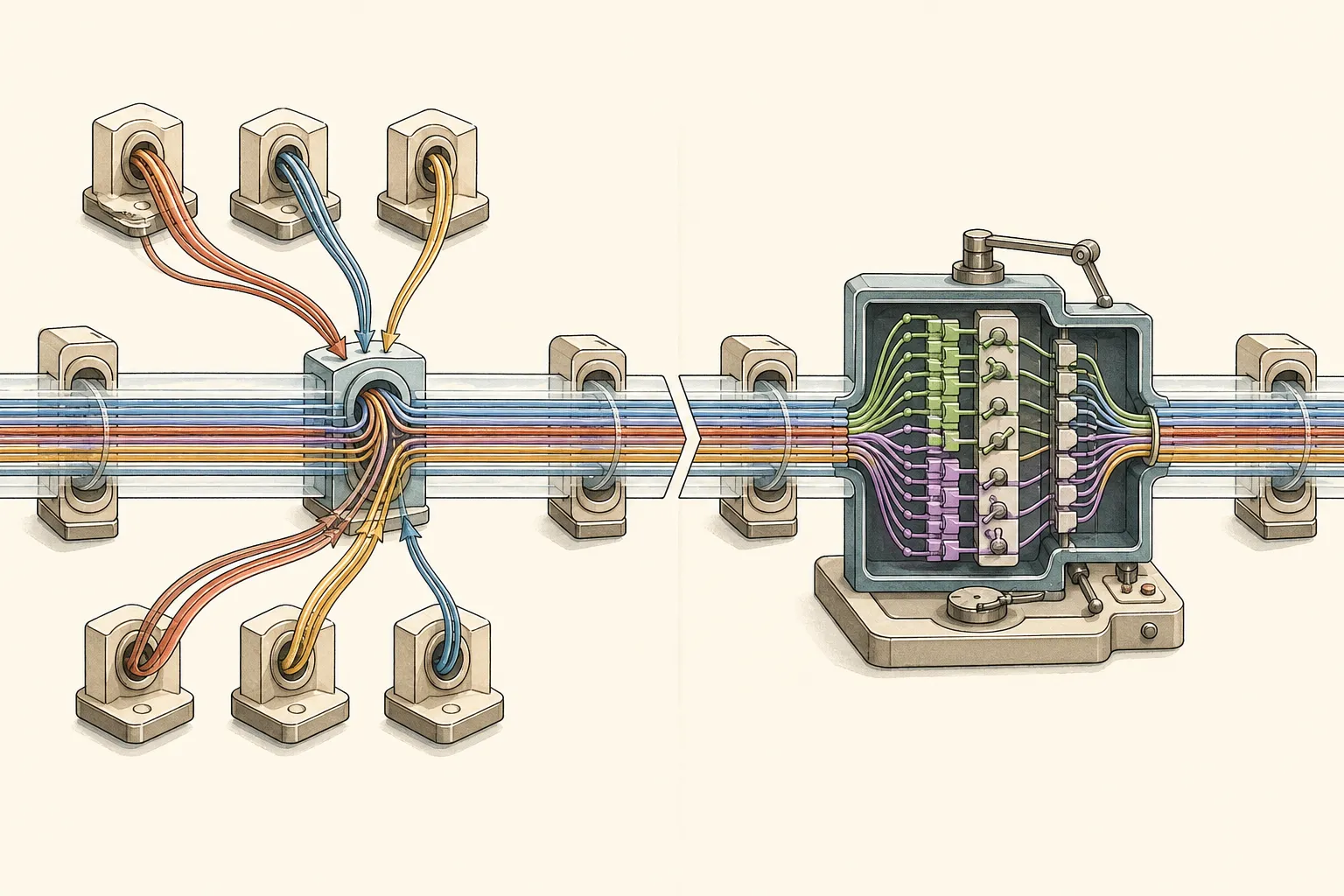 A continuous residual ribbon receives information gathered across token positions on the left, then passes through an expanded per-token feature workshop on the right
